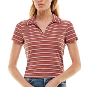 NWT Ultra Flirt Juniors Ribbed Polo T-shirt In Autumn Stripe Size S